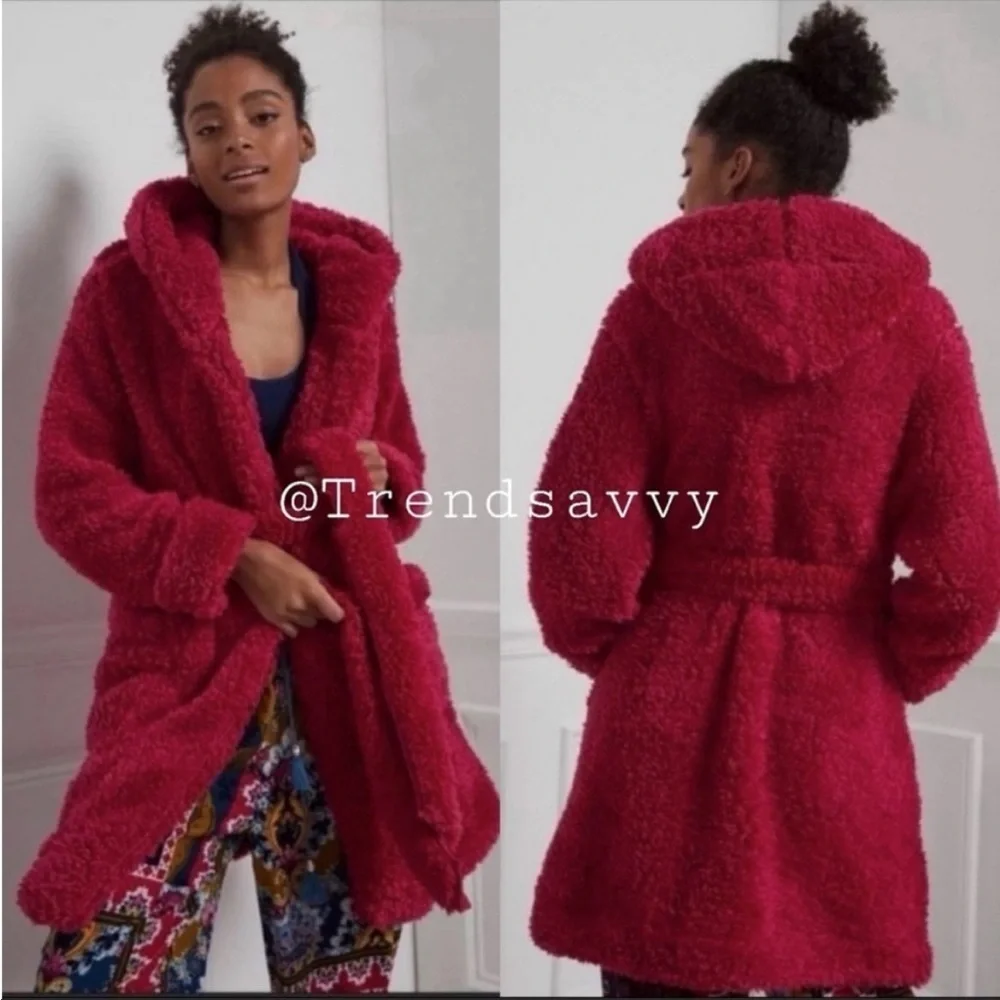 Anthropologie Sherpa Hooded Robe Magenta Belted Cozy Lounge Coat Large NWT - Picture 7 of 7